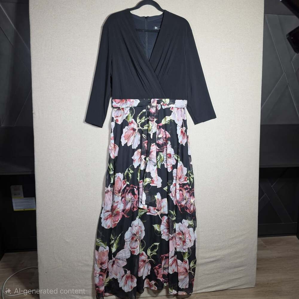 Be by Chetta B Black pink Floral long Sleeve Dress maxi Length womens 14 lined